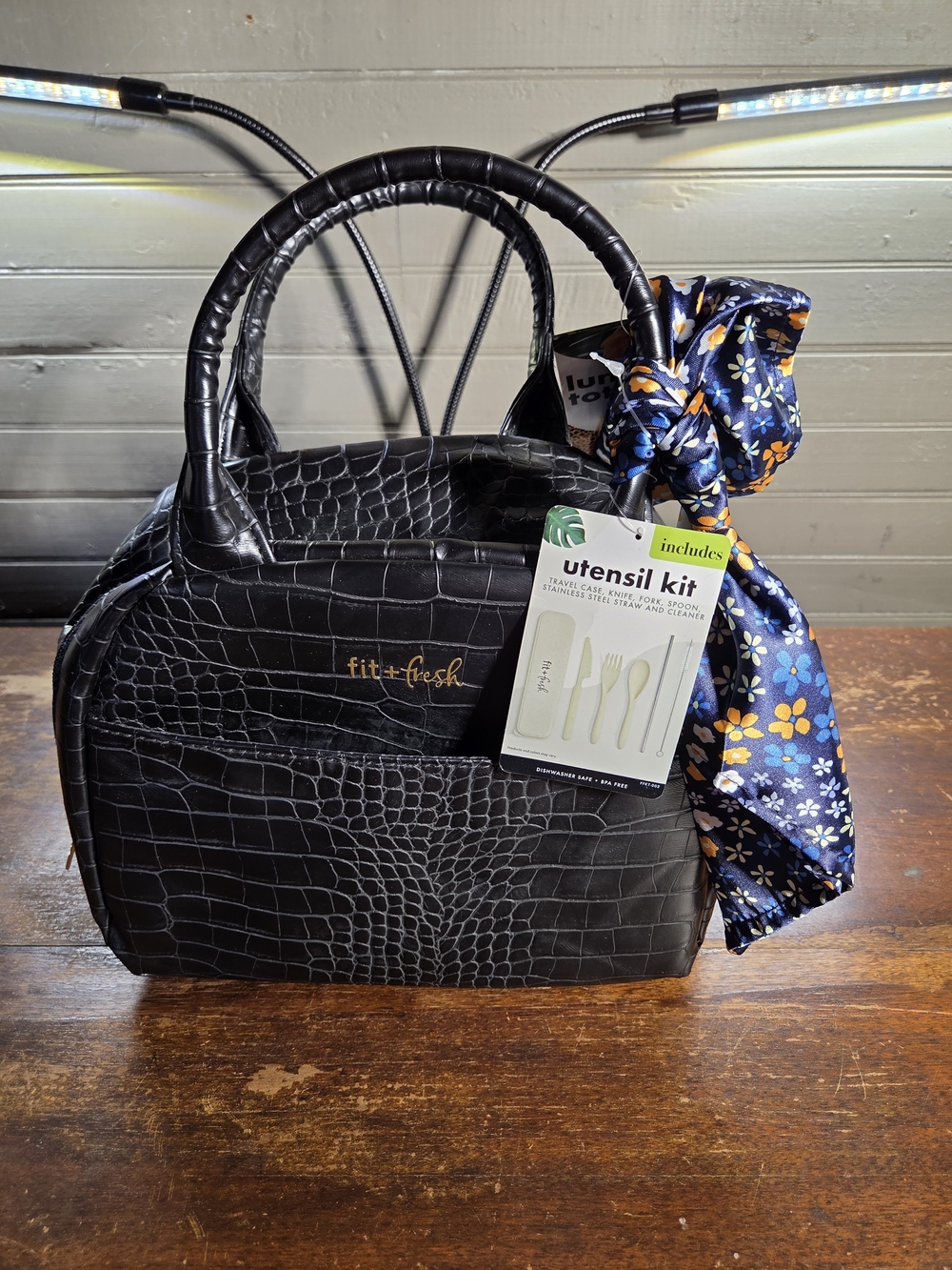 Black Croc-Embossed Women’s Lunch Bag with Blue Floral Scarf